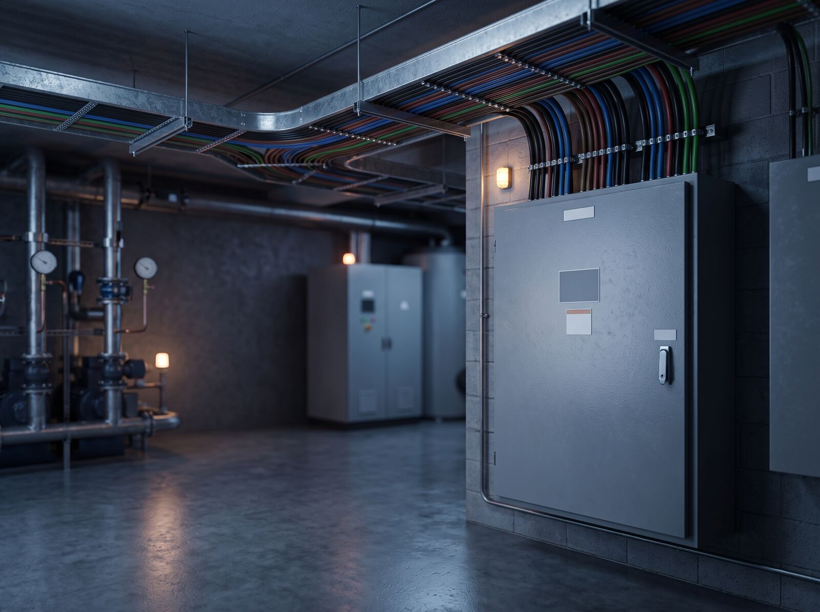 Cable tray and a distribution board in a commercial plant room