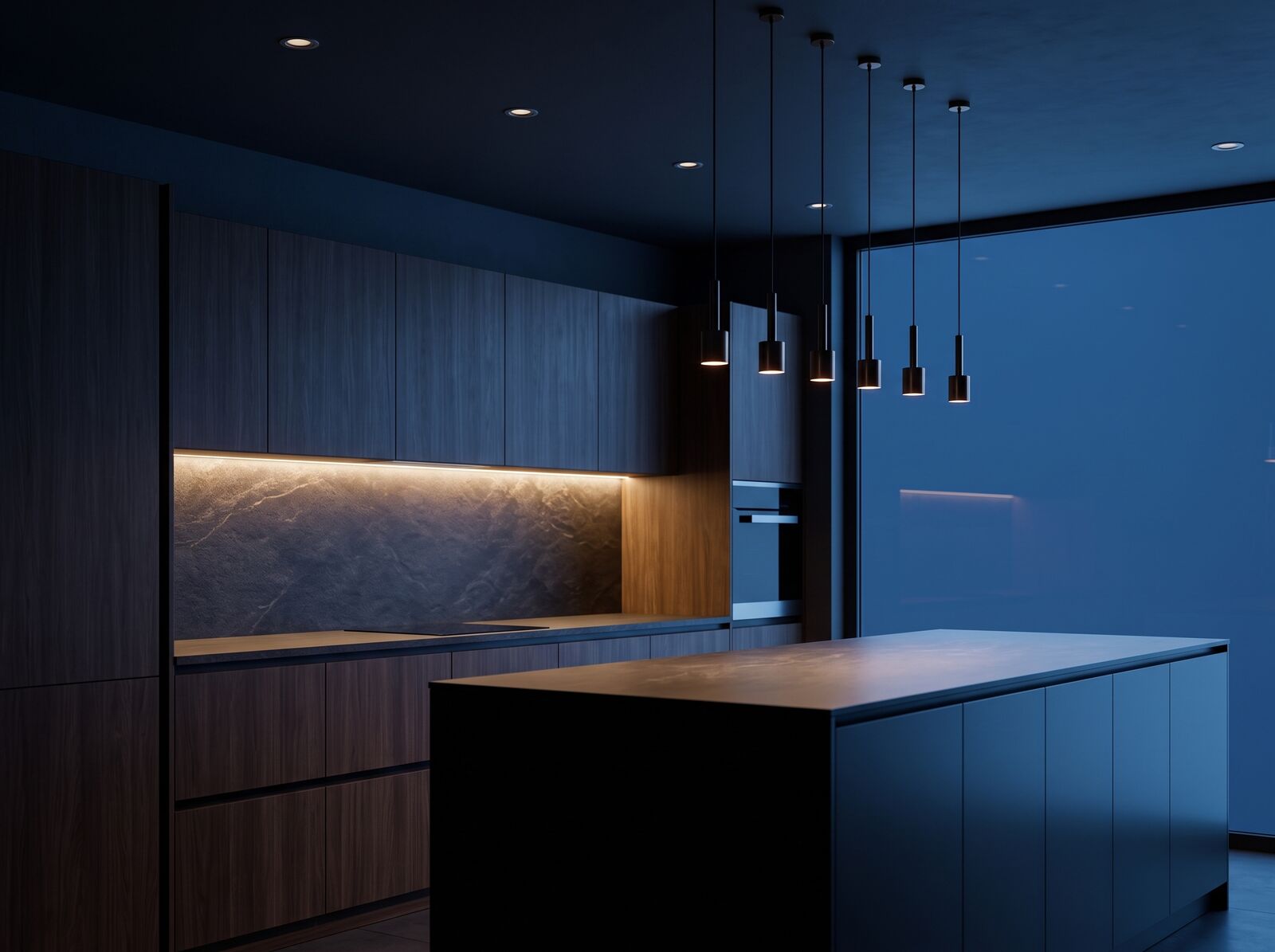 A modern kitchen at night with under-cabinet and pendant lighting
