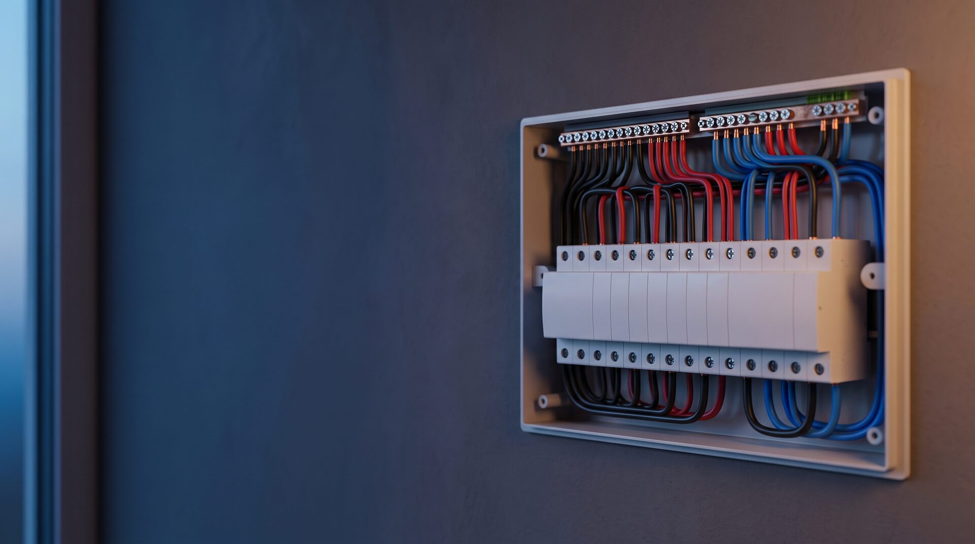 A neatly wired modern consumer unit beside a smart-home keypad