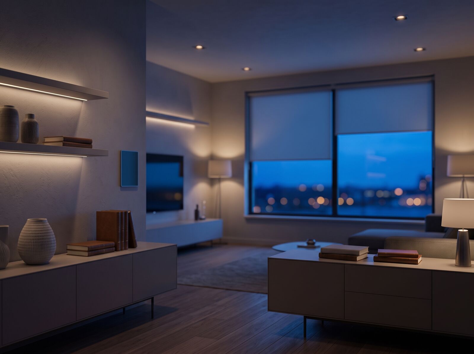 A living room at dusk with layered, automated lighting and blinds