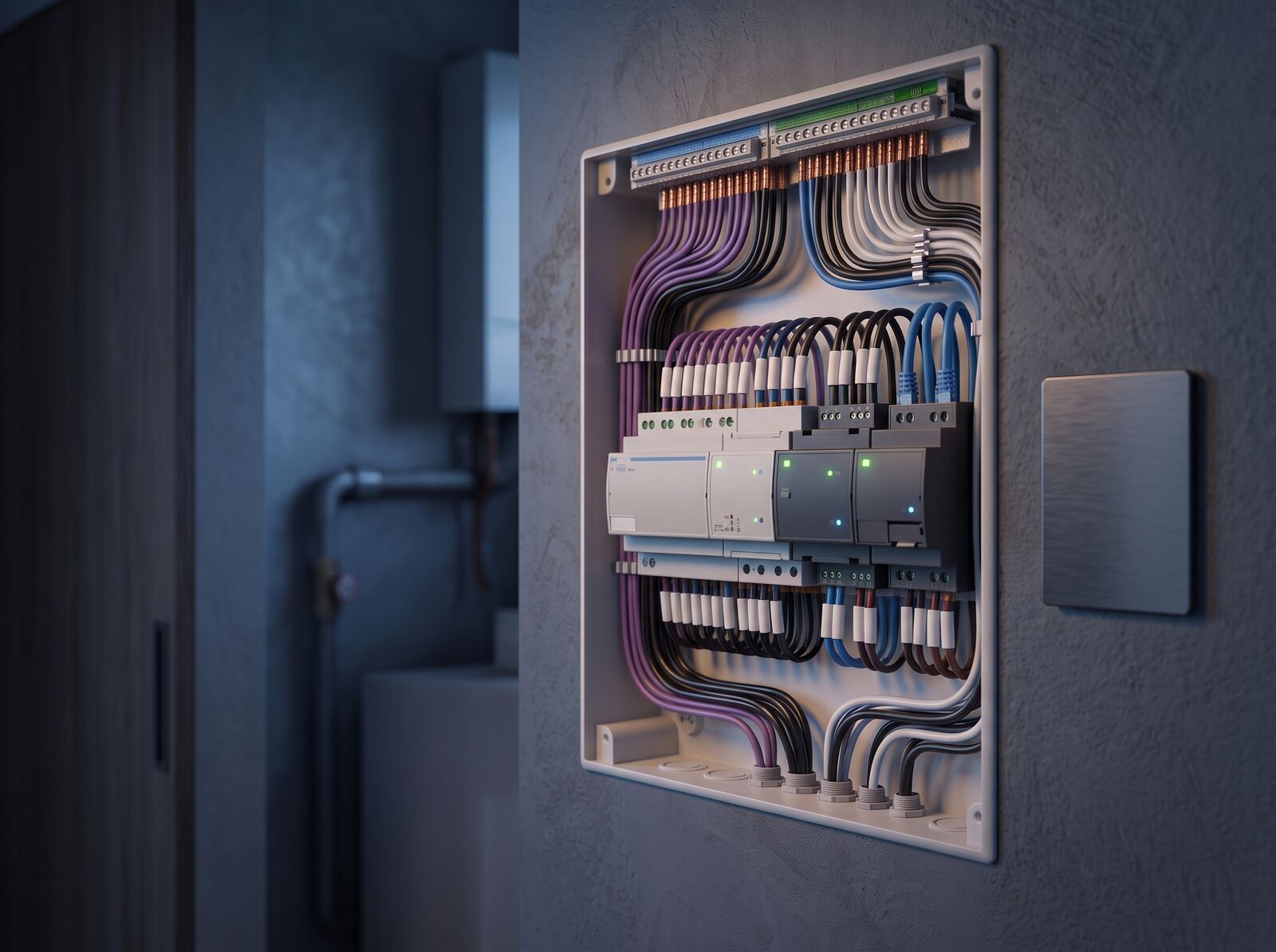 Neatly wired smart-home controller modules in an enclosure